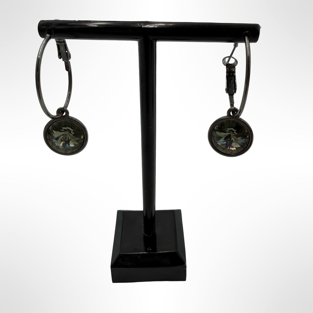 Swarovski Crystal Hoop Drop Earrings in Gunmetal Tone